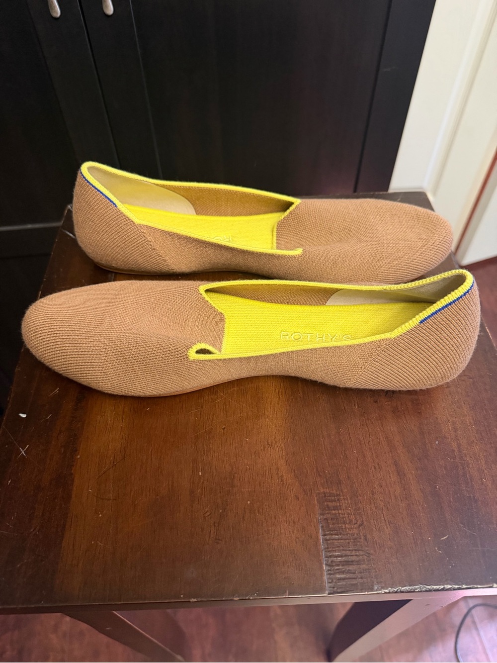 Rothys The Loafer Brown/Yellow/Blue Trim Knit Sz 11.5 Slip-On Flats Excellent!!